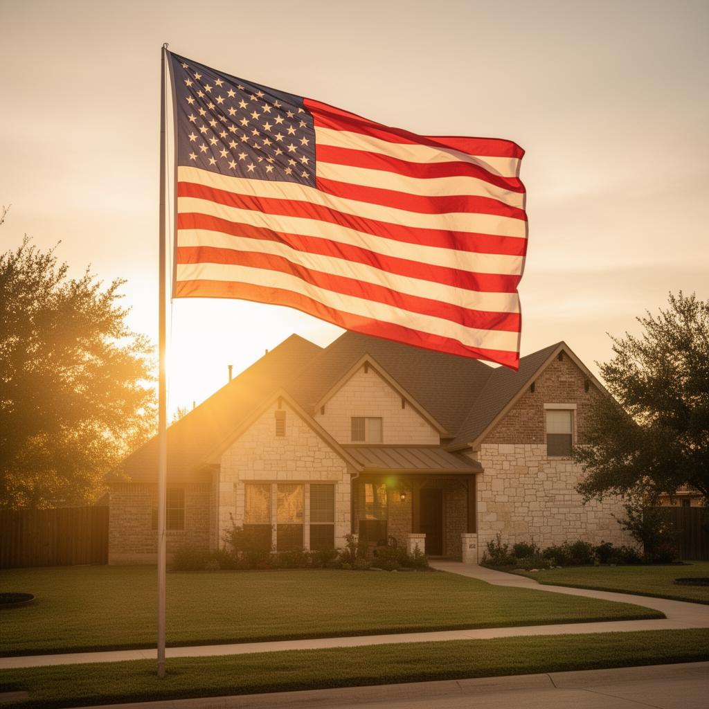 A Texas Veteran family standing proudly in front of their new home at sunset